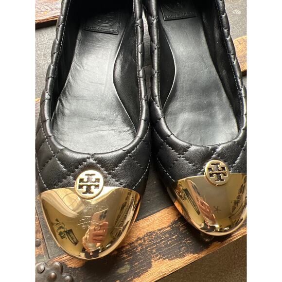 Tory Burch Black & Gold Quilted Ballet Flats Women's Size 10 Old Money Luxury - Picture 4 of 11